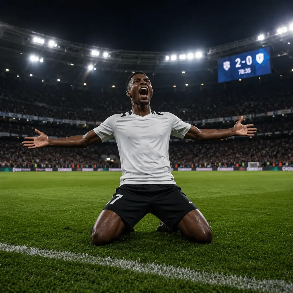 Triumphant soccer celebration under stadium lights